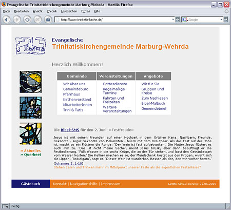 Screenshot der Startseite der Trinitatiskirche Wehrda vor der Neugestaltung